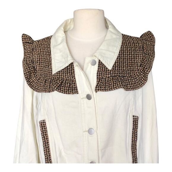 POL White Denim Jacket Ruffle Tweed Collar Frayed Hem Button Front Size Small - Picture 2 of 7